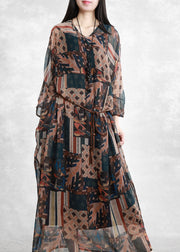 Plus Size Khaki Blau V-Ausschnitt Print Taschen Krawatte Taille Chiffon Kleid Dreiviertel Ärmel