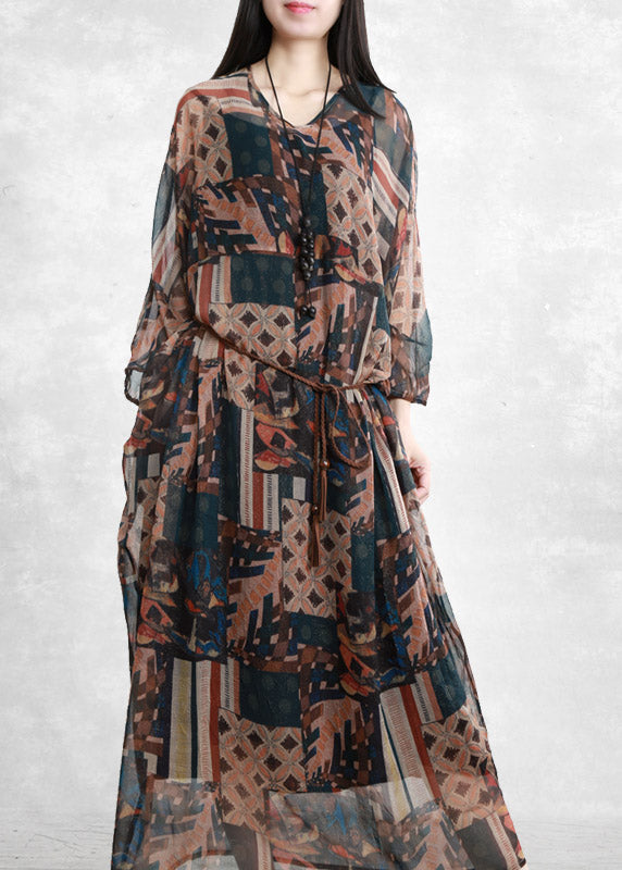 Plus Size Khaki Blau V-Ausschnitt Print Taschen Krawatte Taille Chiffon Kleid Dreiviertel Ärmel