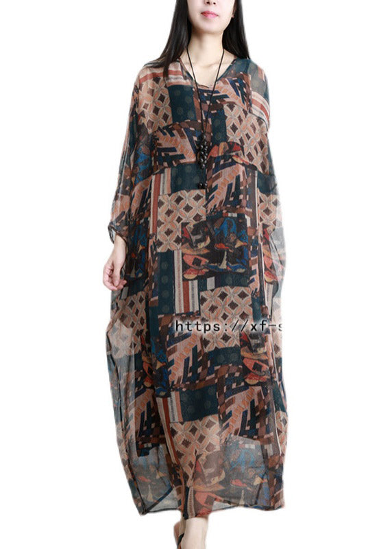 Plus Size Khaki Blau V-Ausschnitt Print Taschen Krawatte Taille Chiffon Kleid Dreiviertel Ärmel