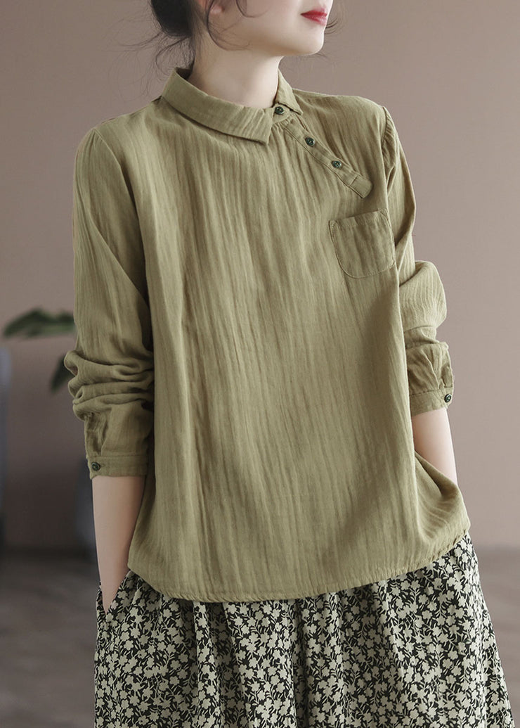 Plus Size Khaki Button Bubikragen asymmetrisches Design Cotton Tops Long Sleeve