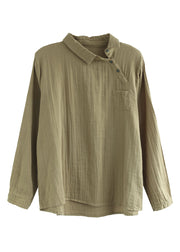 Plus Size Khaki Button Bubikragen asymmetrisches Design Cotton Tops Long Sleeve