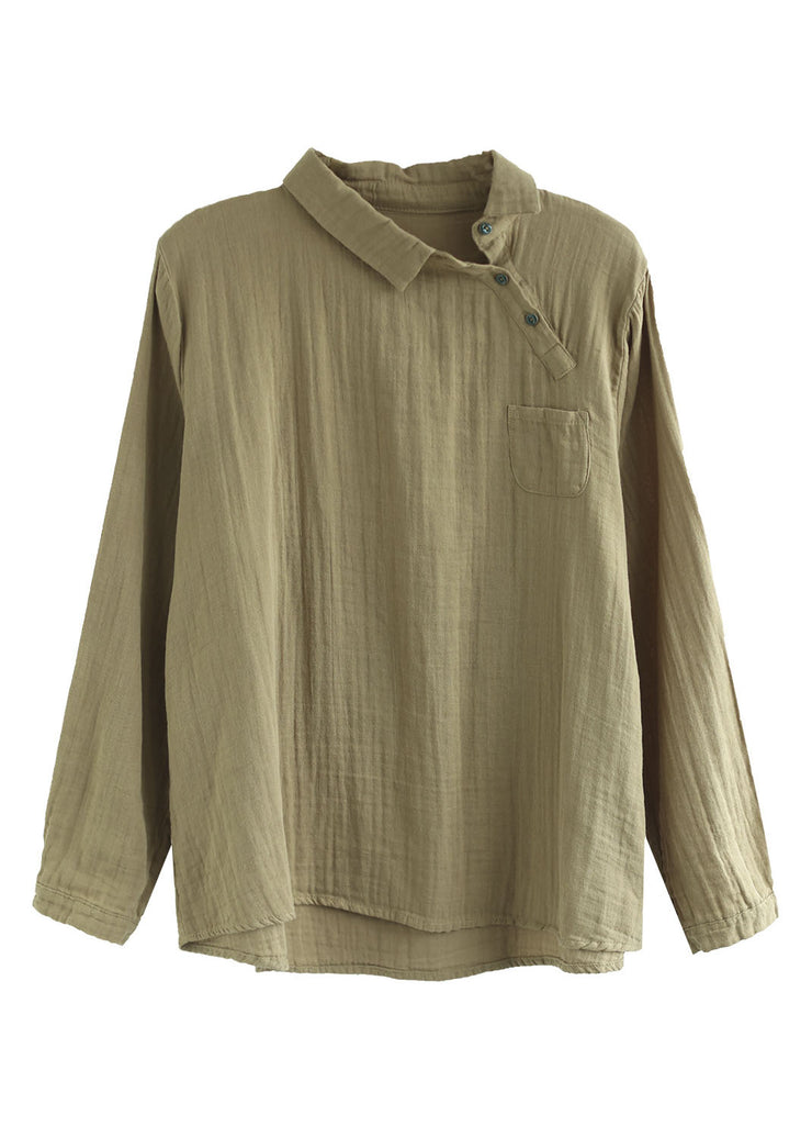 Plus Size Khaki Button Bubikragen asymmetrisches Design Cotton Tops Long Sleeve