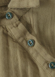 Plus Size Khaki Button Bubikragen asymmetrisches Design Cotton Tops Long Sleeve