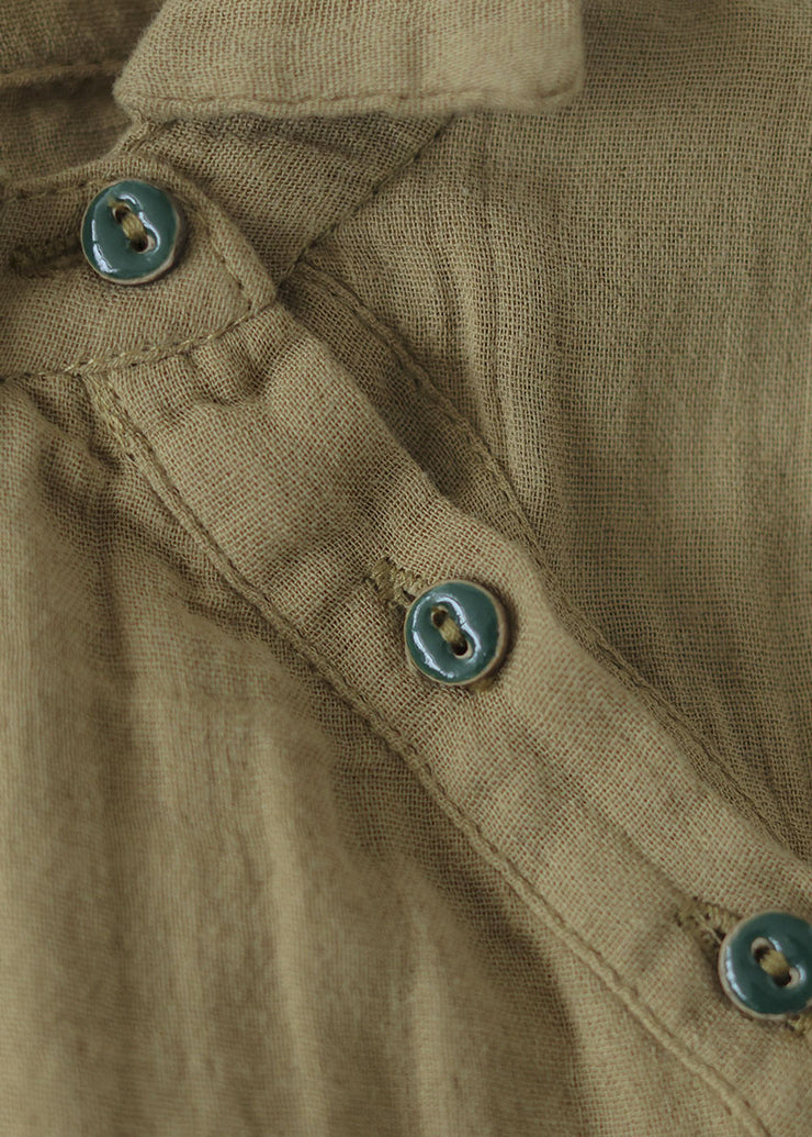 Plus Size Khaki Button Bubikragen asymmetrisches Design Cotton Tops Long Sleeve