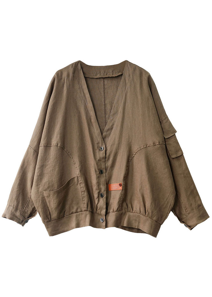 Plus Size Khaki V Neck Loose Button Fall Long sleeve Jacket