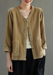 Plus Size Khaki V Neck Pockets Button Corduroy Coats Long Sleeve