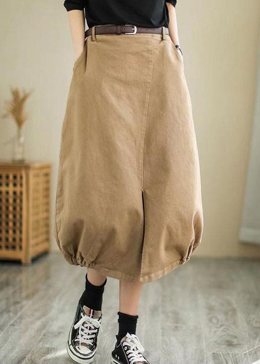 Plus Size Khakifarbener, seitlich offener Baumwollrock mit hoher Taille Frühling
