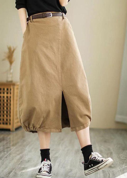 Plus Size Khakifarbener, seitlich offener Baumwollrock mit hoher Taille Frühling
