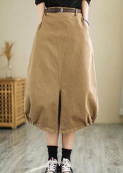Plus Size Khakifarbener, seitlich offener Baumwollrock mit hoher Taille Frühling