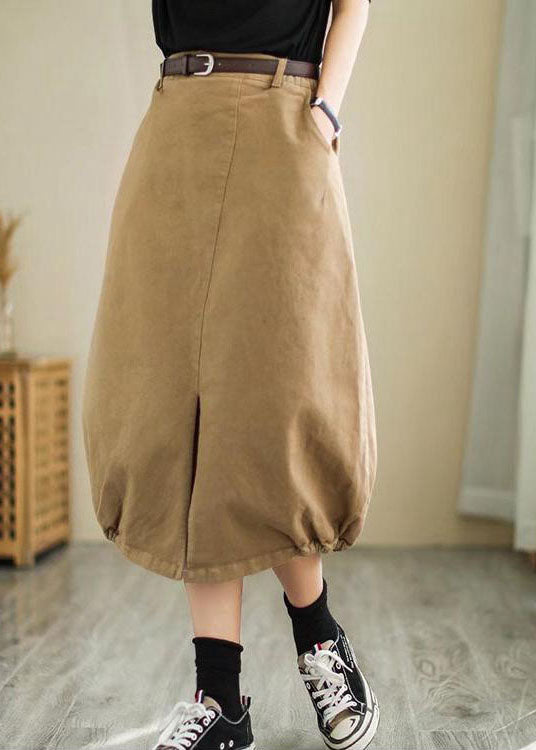 Plus Size Khakifarbener, seitlich offener Baumwollrock mit hoher Taille Frühling