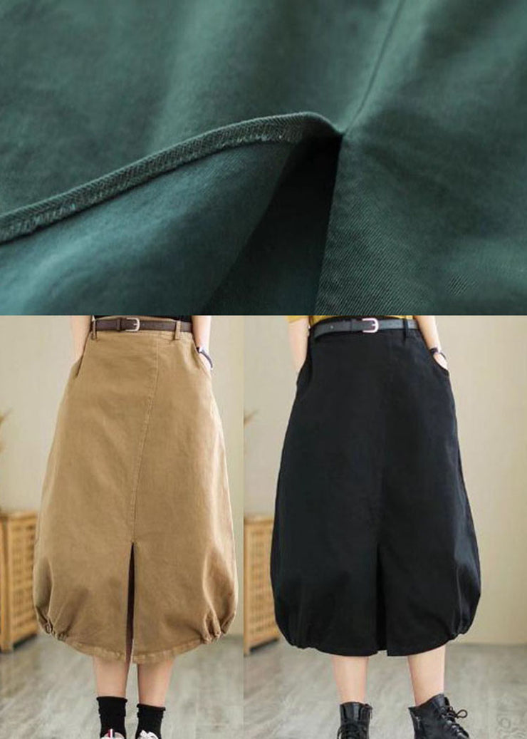 Plus Size Khakifarbener, seitlich offener Baumwollrock mit hoher Taille Frühling