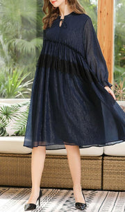 Plus Size Navy Cinched Chiffon O-Neck Summer Maxi Dress - SooLinen