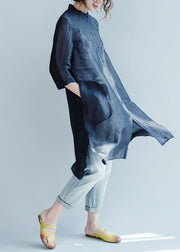 Plus Size Navy Embroideried Button Blouses Three Quarter sleeve