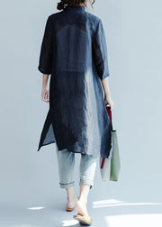 Plus Size Navy Embroideried Button Blouses Three Quarter sleeve