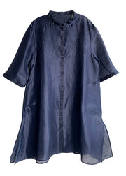 Plus Size Navy Embroideried Button Blouses Three Quarter sleeve