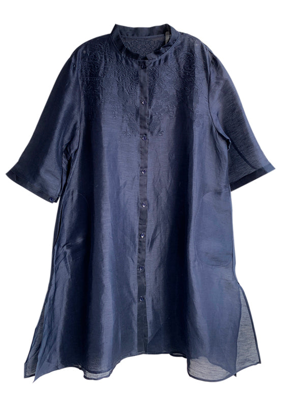 Plus Size Navy Embroideried Button Blouses Three Quarter sleeve