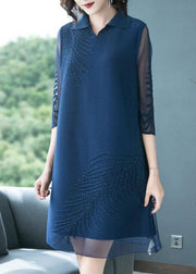 Plus Size Navy Embroideried Peter Pan Collar Dress Summer - SooLinen