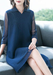 Plus Size Navy Embroideried Peter Pan Collar Dress Summer - SooLinen