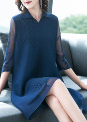 Plus Size Navy Embroideried Peter Pan Collar Dress Summer - SooLinen
