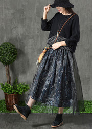 Plus Size Navy Print Patchwork Fall Organza Rock