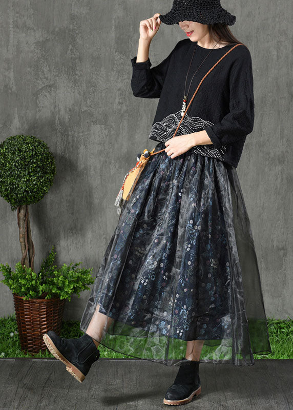 Plus Size Navy Print Patchwork Fall Organza Rock