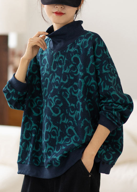 Plus Size Navy Turtle Neck Print Warm Fleece Sweatshirts Top Spring