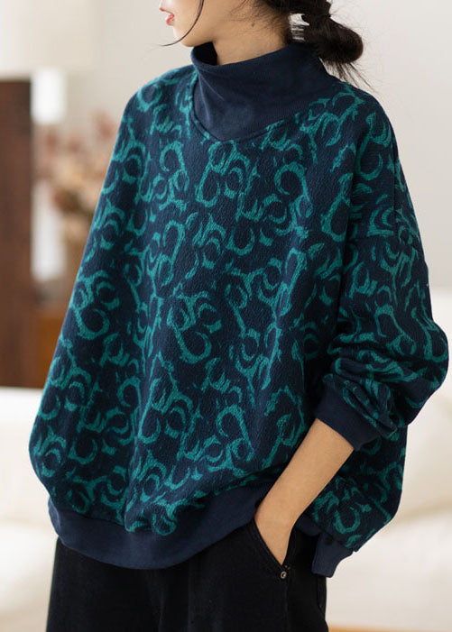 Plus Size Navy Turtle Neck Print Warm Fleece Sweatshirts Top Spring
