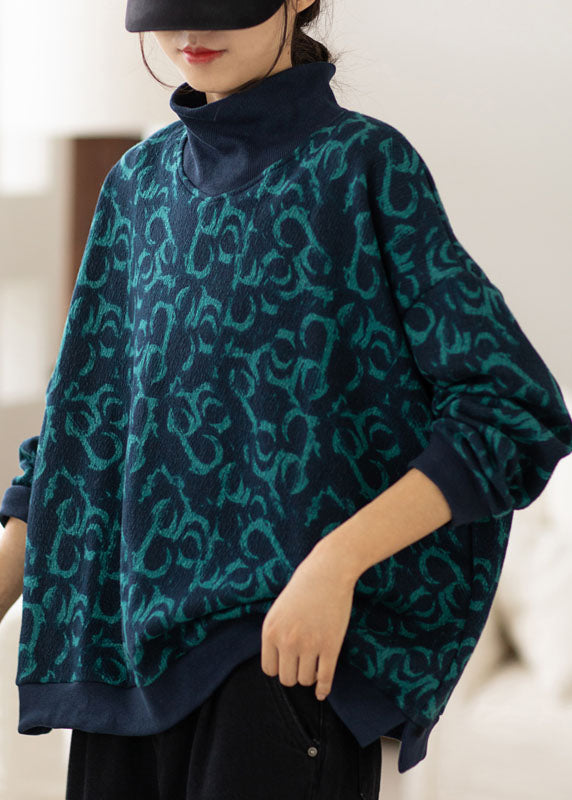 Plus Size Navy Turtle Neck Print Warm Fleece Sweatshirts Top Spring