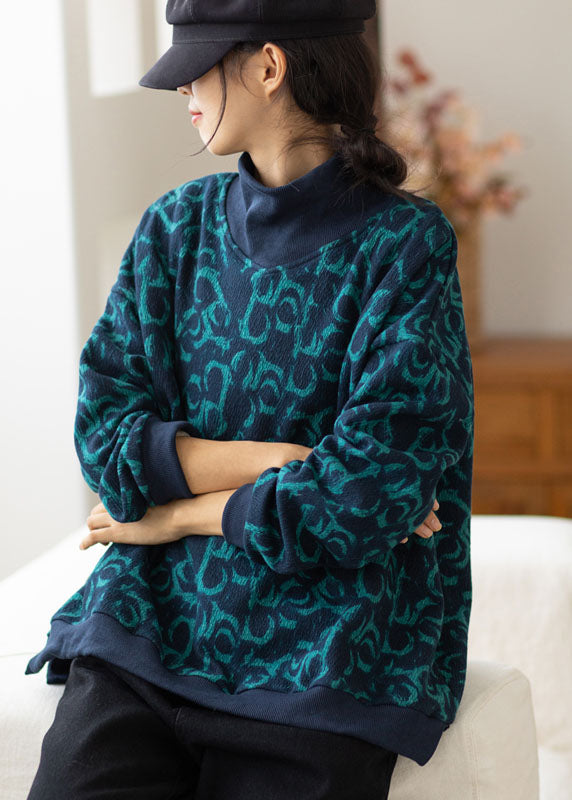 Plus Size Navy Turtle Neck Print Warm Fleece Sweatshirts Top Spring