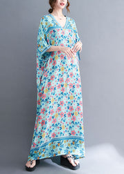 Plus Size Navy V Neck Print Oversized Cotton Long Dress Gown Short Sleeve