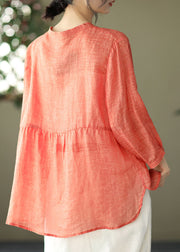 Plus Size Orange Stand Collar Linen Blouse Top Bracelet Sleeve