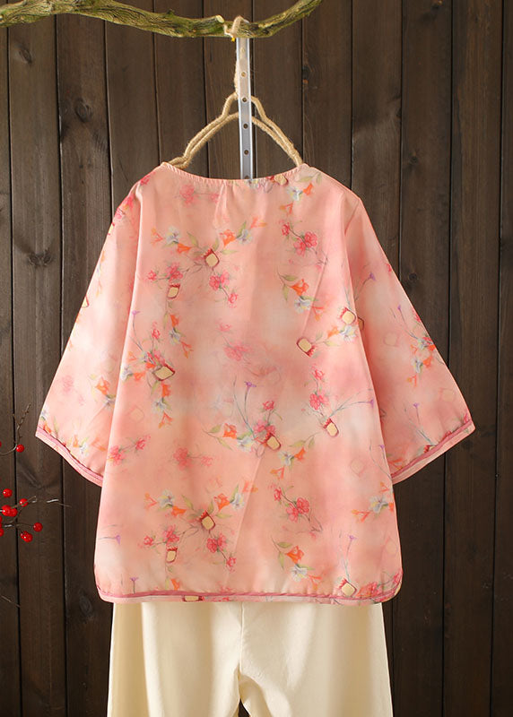 Plus Size Pink Asymmetrical Print Cotton Linen Blouse Tops Bracelet Sleeve