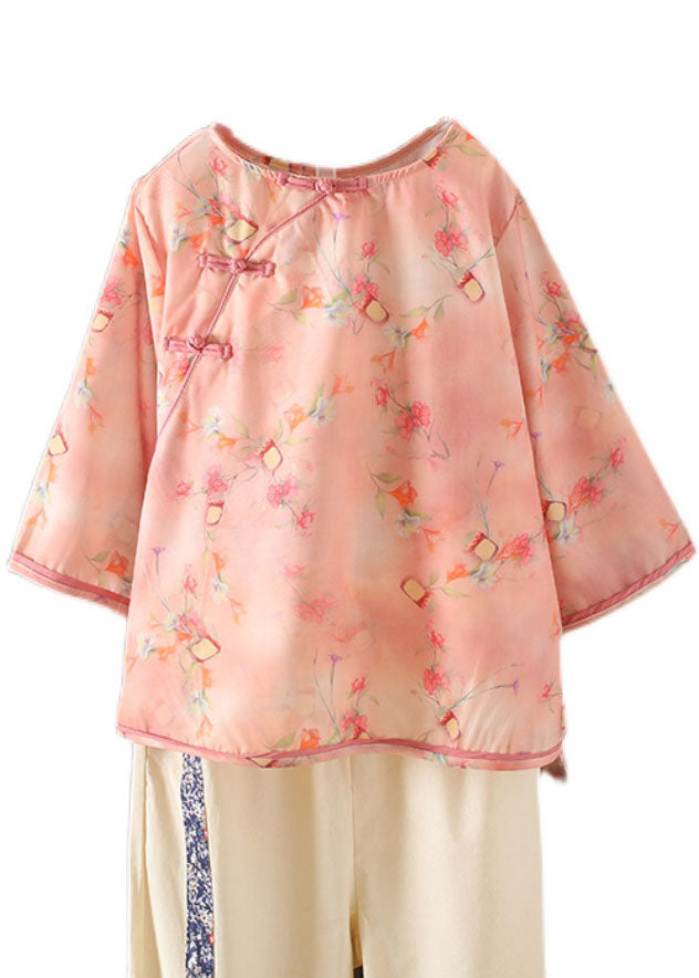 Plus Size Pink Asymmetrical Print Cotton Linen Blouse Tops Bracelet Sleeve