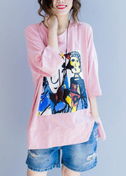 Plus Size Pink Graphic Half Sleeve Cotton Summer Top - SooLinen