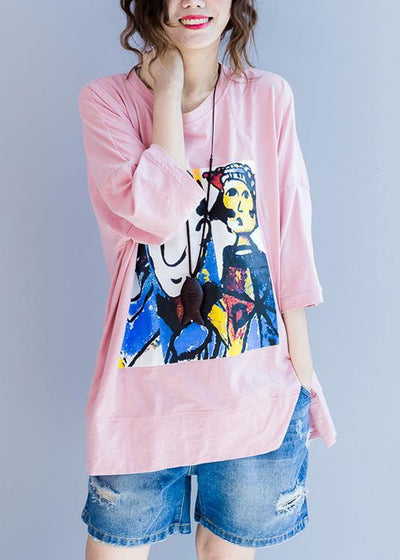 Plus Size Pink Graphic Half Sleeve Cotton Summer Top - SooLinen