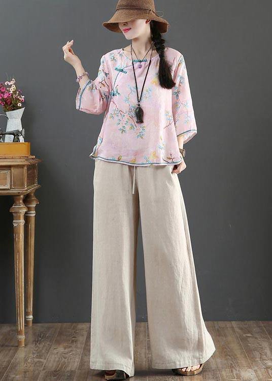 Plus Size Pink Print Linen Oriental Summer Shirts - SooLinen