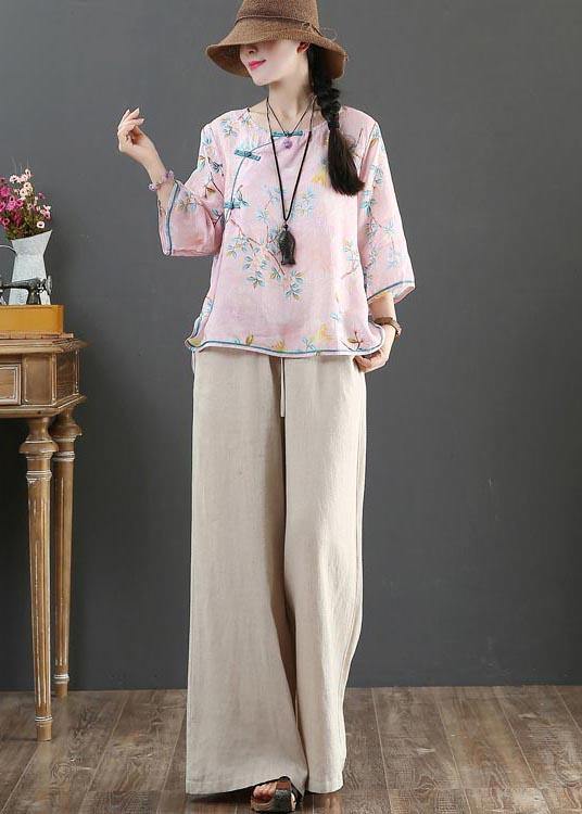 Plus Size Pink Print Linen Oriental Summer Shirts - SooLinen