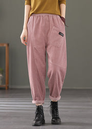 Plus Size Pink elastic waist Pockets Patchwork Corduroy harem Pants Spring