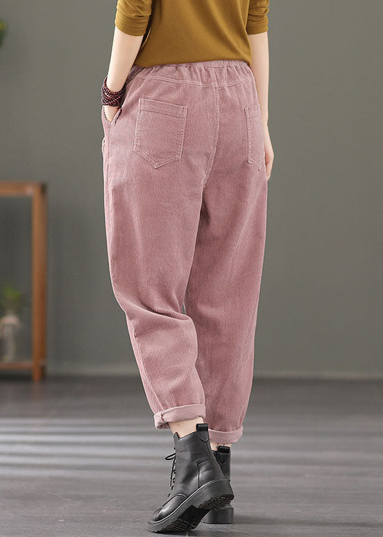 Plus Size Pink elastic waist Pockets Patchwork Corduroy harem Pants Spring