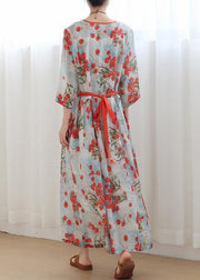 Plus Size Print Oriental Linen Tie Waist Summer Mid Dress - SooLinen