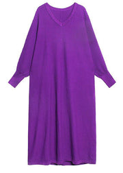 Plus Size Purple V Neck Loose fashion Fall Vacation Dresses Long sleeve - SooLinen