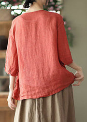Plus Size Red O-Neck Pockets Linen Loose Cardigans Half Sleeve