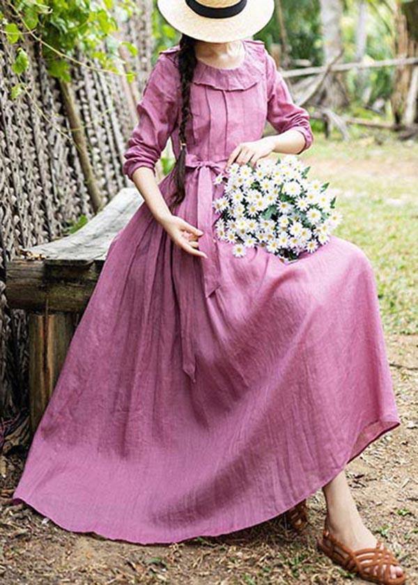 Plus Size Rose Ruffles Cinched Party Summer Linen Dress - SooLinen