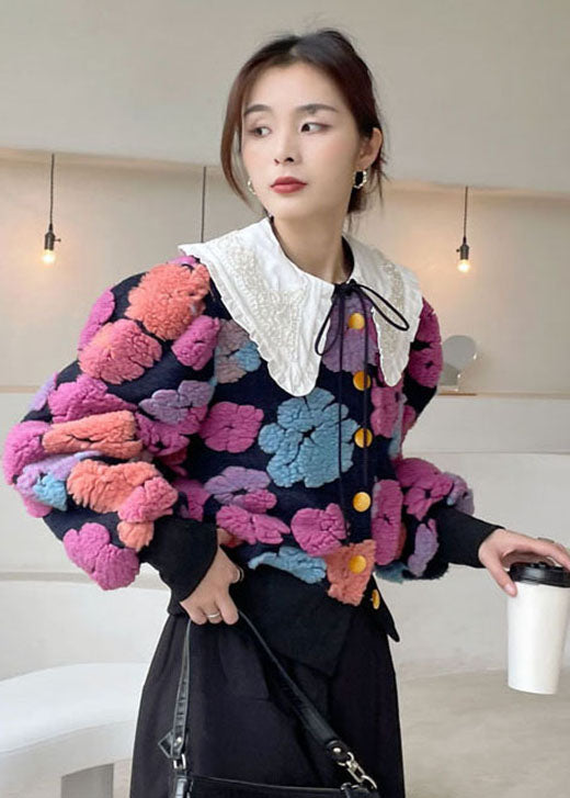 Plus Size Rose Flower Button Floral Kunstpelz Wintermantel
