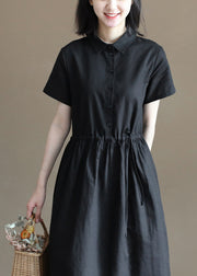Plus Size Solid Black Kordelzug Bubikragen Knopf Baumwolle Leinen Hemdkleid Kurzarm