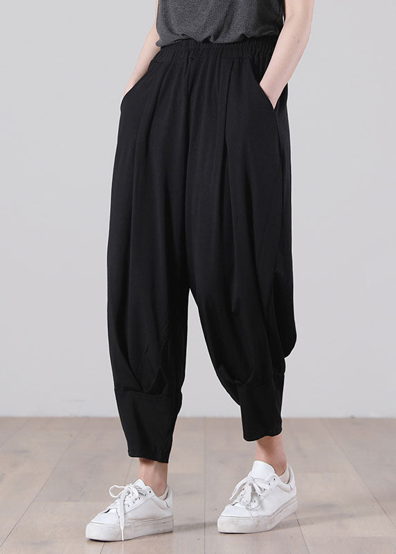 Plus Size Solid Black Elastische Taille Geknitterte Taschen Baumwolle Haremshose Herbst