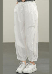 Plus Size White Elastic Waist Cargo Cotton Pants Summer - SooLinen