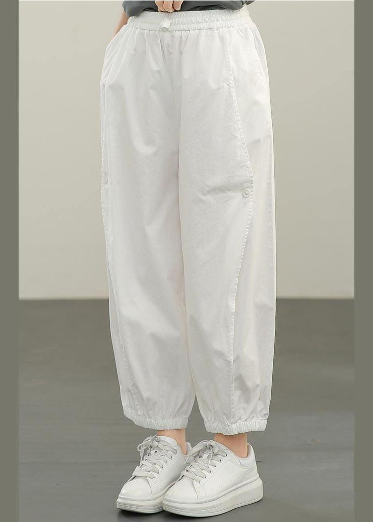Plus Size White Elastic Waist Cargo Cotton Pants Summer - SooLinen