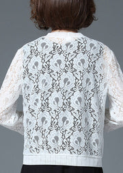 Plus Size White Hollow Out Lace UPF 50+ Cardigan Long Sleeve