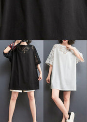 Plus Size White Patchwork Lace O-Neck Cotton Tee Summer - SooLinen